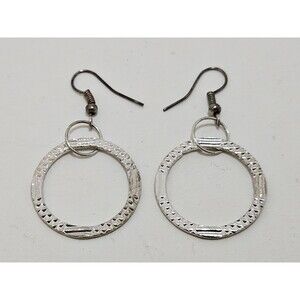 Vintage Silver Circle Pair of Earrings. Dangle Drop. Costume Jewelry.